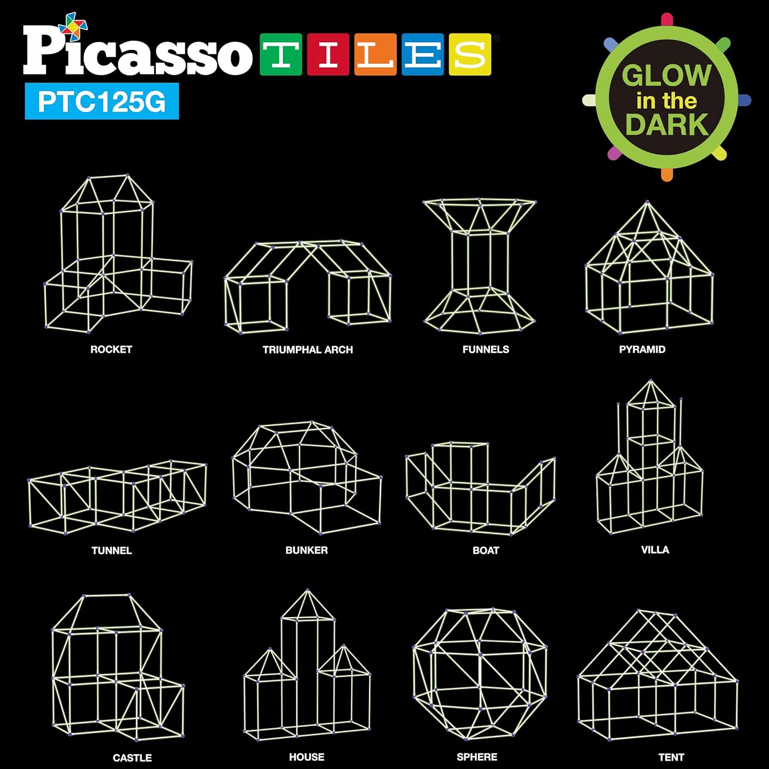 PicassoTiles Kids Fort Building Kit Glow In The Dark Playset 125 Piece  Indoor Outdoor Toy Set Fort Construction Builders Toys for Boys Girls STEM  Learning Castle System Tunnel Tent Rocket Pretend Play(PTC125G) 