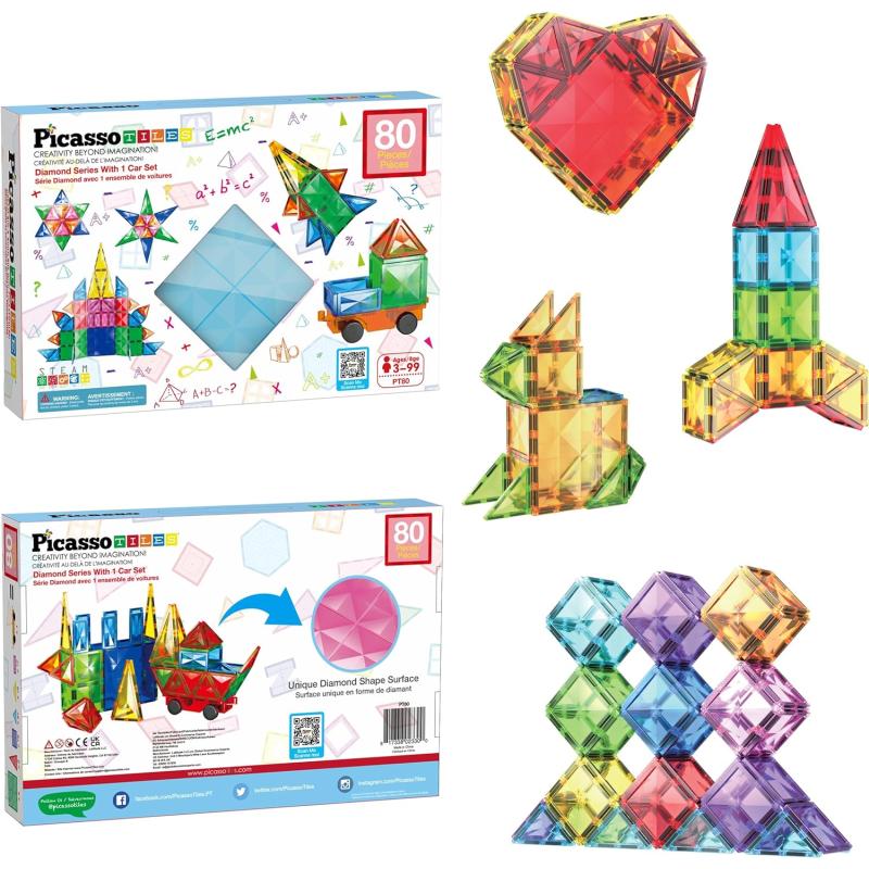 PicassoTiles 80 Pieces Magnetic Building Blocks Tiles Magnet Toys